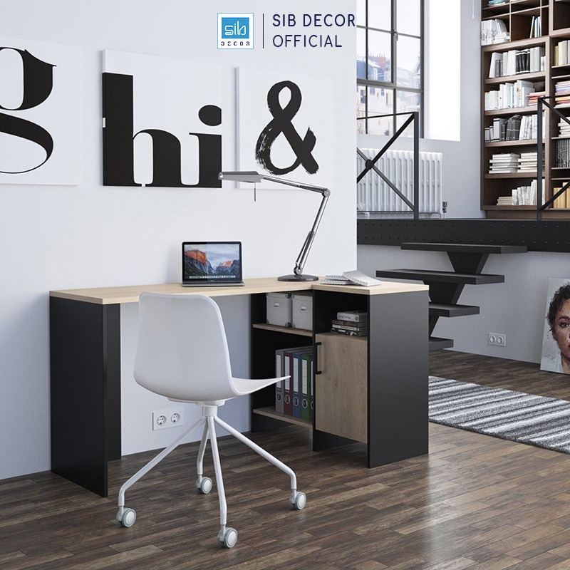 Bàn Góc Chữ L Kèm Chân Bàn Có 1 Cánh Tủ Tiện Lợi SIB Decor BLV84