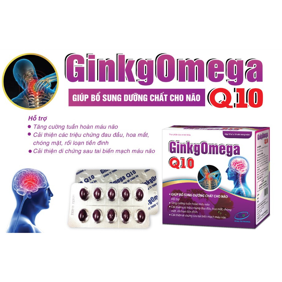 HOẠT HUYẾT DƯỠNG NÃO GINKGOMEGA Q10 - GIẢM ĐAU MỎI VAI GÁY - TÊ BÌ CHÂN TAY - RỐI LOẠN TIỀN ĐÌNH - TỐT CHO NÃO, MẮT, TIM - HỘP 100 VIÊN