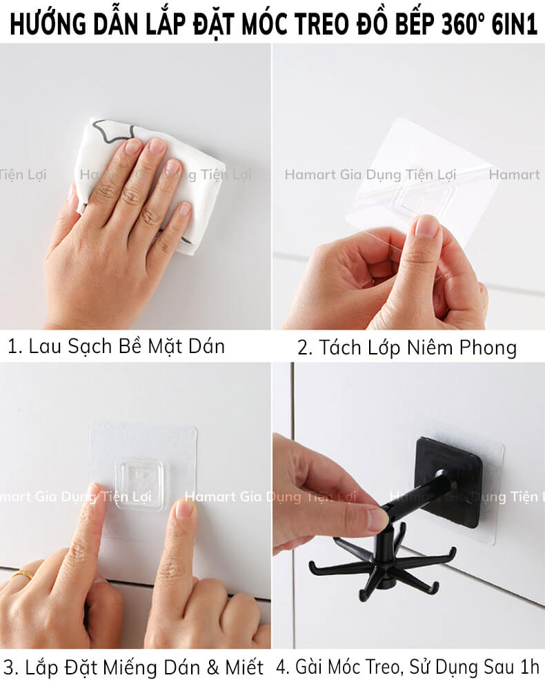 Giá Treo Đồ Nhà Bếp Móc 6IN1 XOAY 360° Nhà Tắm Đa Năng Kèm Miếng Dán Tường Siêu Dính