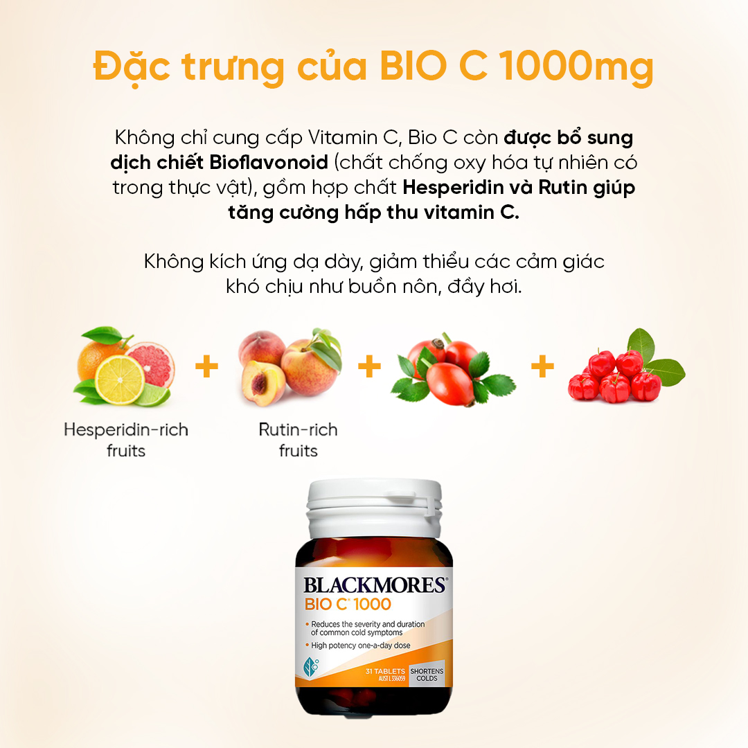 Viên Uống Bổ Sung Vitamin C Blackmores Bio C Hộp 31 viên 1000mg Hỗ Trợ Tăng Đề Kháng, Sáng Da