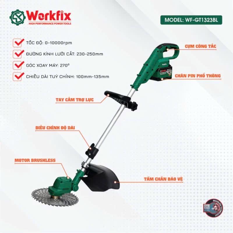 Máy cắt cỏ WORKFIX WF-GT1323BL / Không chổi than / Dài 130cm / Lưỡi 250mm / chính hãƞg