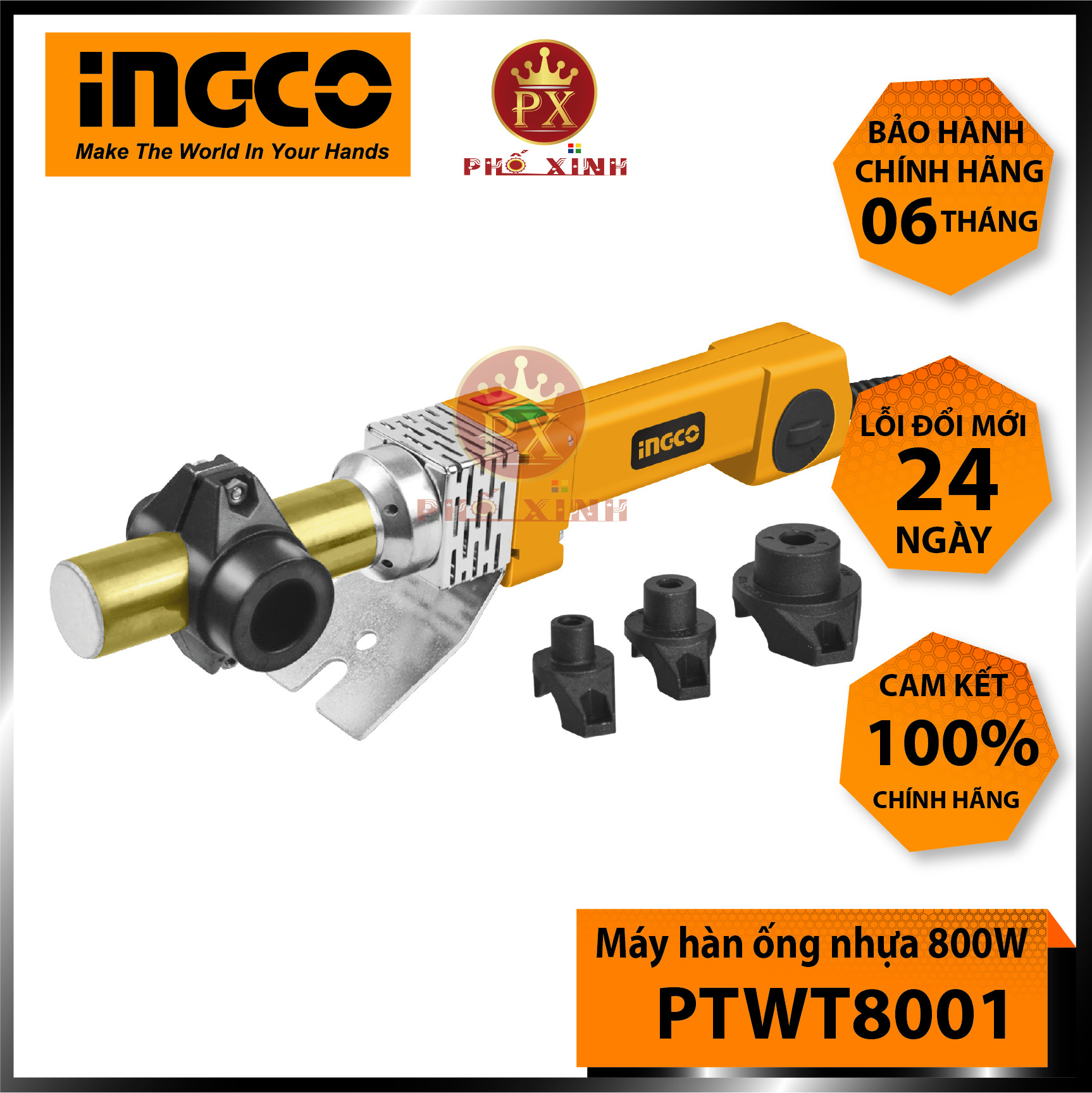 Máy hàn ống nhựa INGCO PTWT8001 Máy hàn nhiệt 800W, điều chỉnh nhiệt từ 0-300 độ, kèm 1 bộ socket nhiệt 16, 20, 25, 32mm