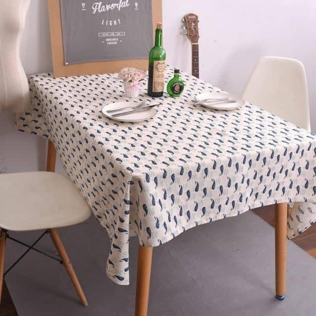 Khăn Trải Bàn Canvas Vải Bố Thô Trang Trí Decor Hoạ Tiết Cá Heo Xanh
