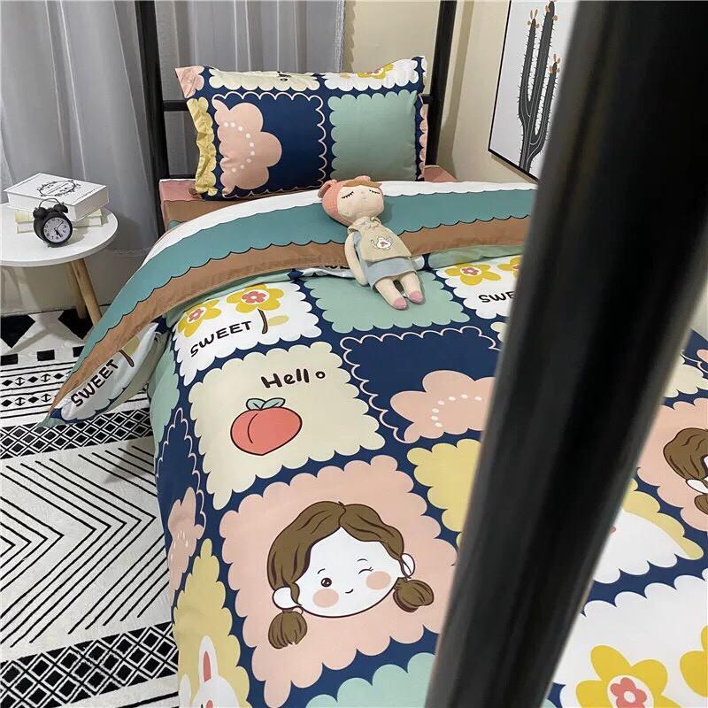 Bộ chăn ga gối Cotton poly M2T bedding Cô bé thỏ trắng, vỏ chăn mền, drap nệm và 2 vỏ gối