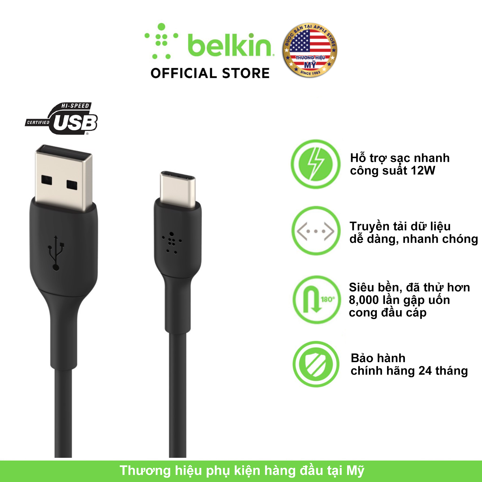 Cáp sạc USB Type C BOOST↑CHARGE Belkin 12W vỏ nhựa 1M/ 2M - Hàng chính hãng