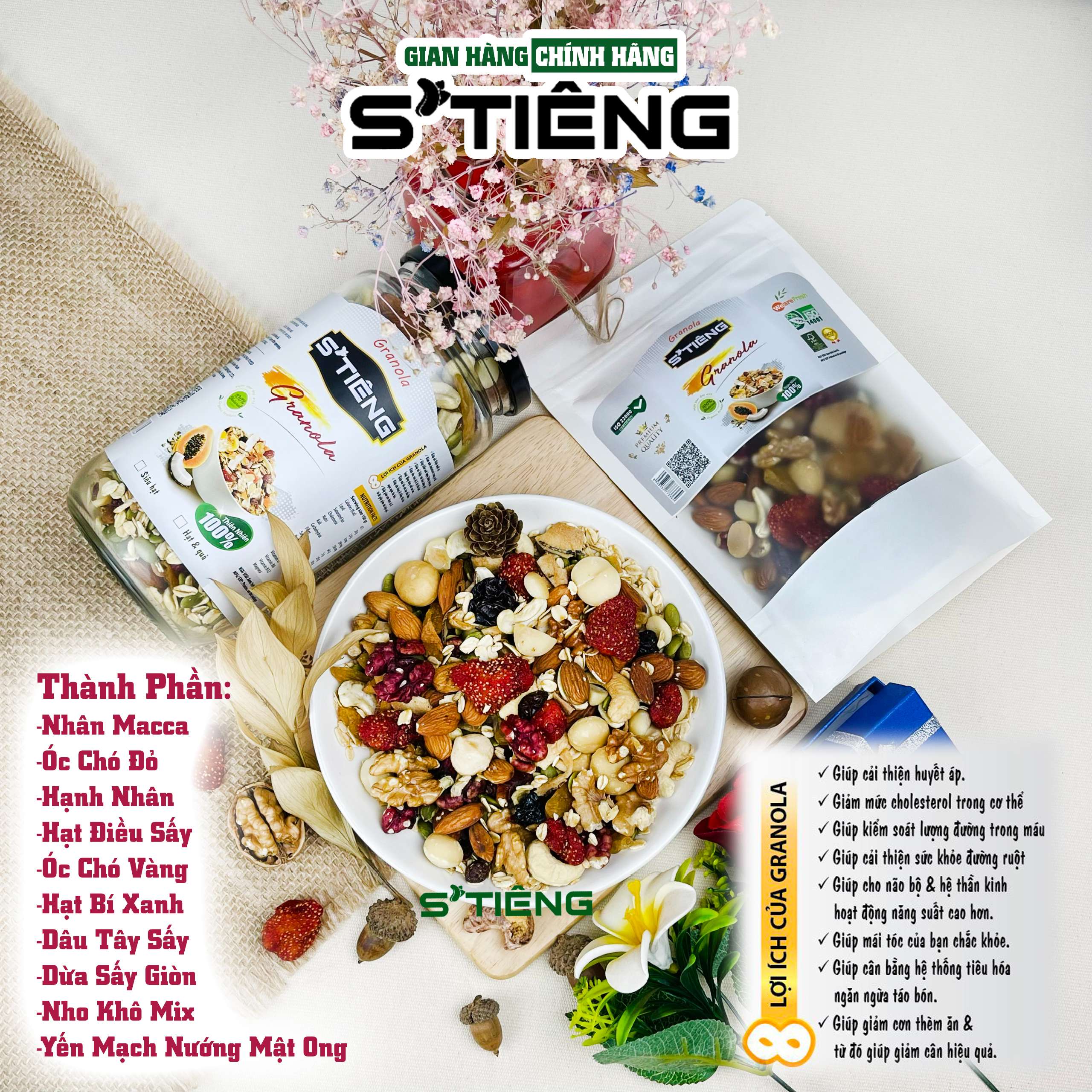 Granola Siêu Hạt & Quả Sấy STIENG, Hạt Dinh Dưỡng Ngủ Cốc Ăn Kiêng Giảm Cân, Hạt Óc Chó, Hạt Macca, Hạt Điều, Hạt Hạnh Nhân, Hạt Bí. Nho Khô