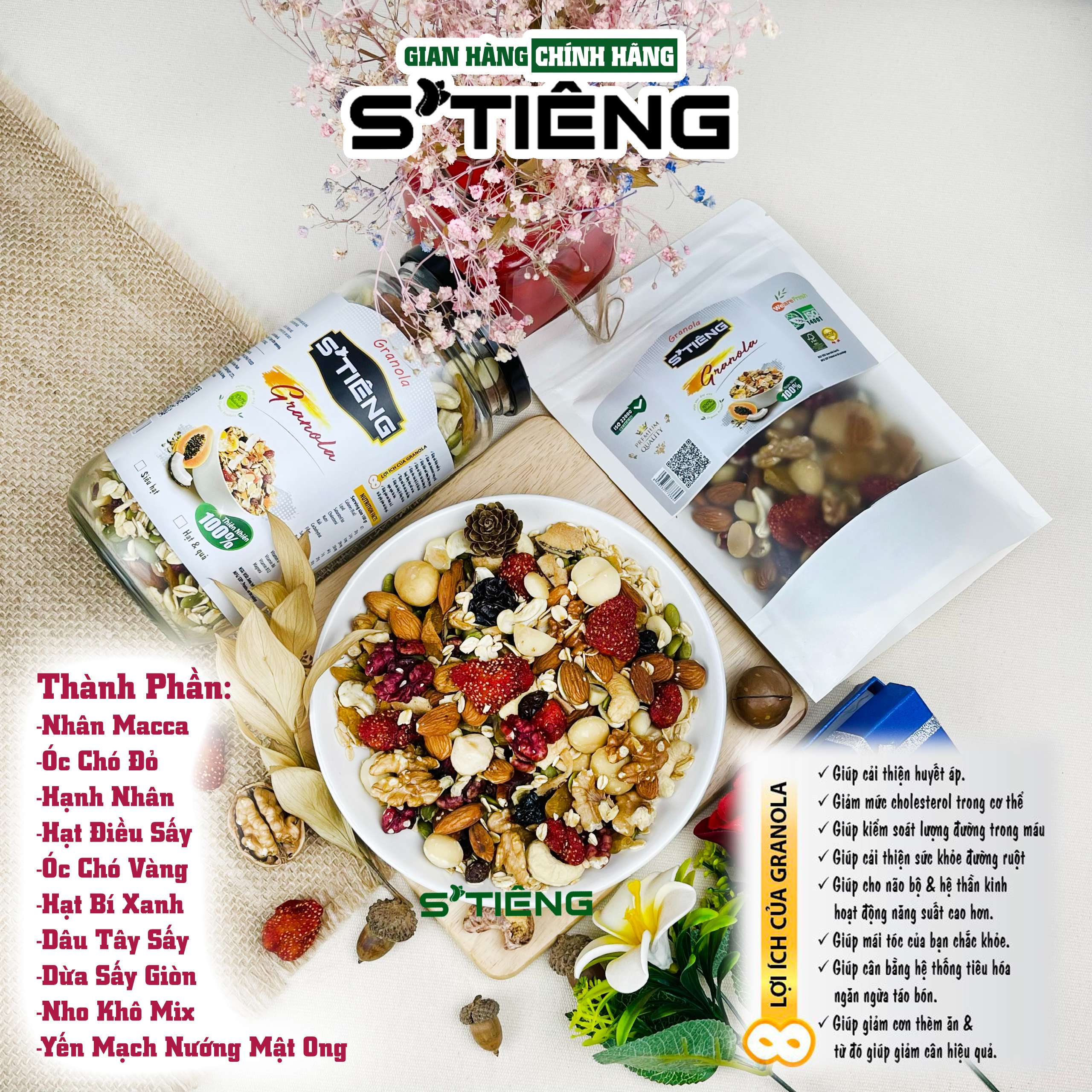 Granola Siêu Hạt &amp; Quả Sấy STIENG, Hạt Dinh Dưỡng Ngủ Cốc Ăn Kiêng Giảm Cân, Hạt Óc Chó, Hạt Macca, Hạt Điều, Hạt Hạnh Nhân, Hạt Bí. Nho Khô