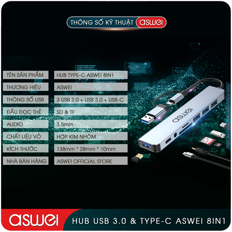 Hub Chuyển Đổi USB Type C ASWEI 8 in 1 To USB 3.0, SD, TF, USB C, Audio 3.5mm - Hàng Chính Hãng