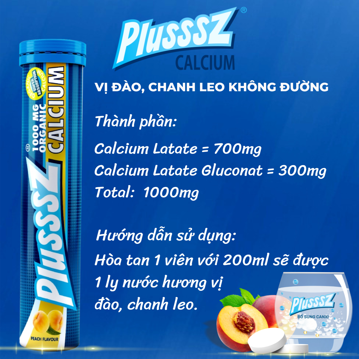 {COMBO 2 TUÝP] Viên sủi Plusssz Max Vitamin C + ZinC vị Chanh +  Viên sủi Plusssz Calcium vị Đào và chanh dây không Đường bổ sung canxi dạng hòa tan, dễ hấp thu hỗ trợ sức khỏe xương và răng, hỗ trợ ngăn ngừa loãng xương (Tuýp 20 viên sủi)