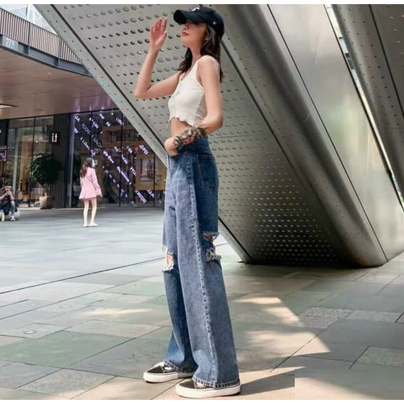 Quần baggy jean nữ rách gối trước và sau