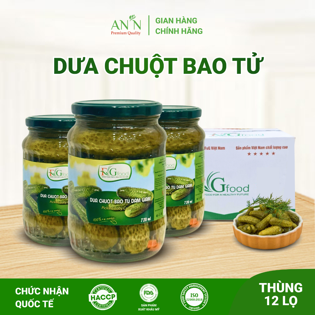 Thùng 12 Hũ Dưa Chuột Bao Tử F&amp;G Food Size 6-9, Hũ Lớn 720gr Ăn Kèm Thịt Nướng, Làm Gỏi Trộn