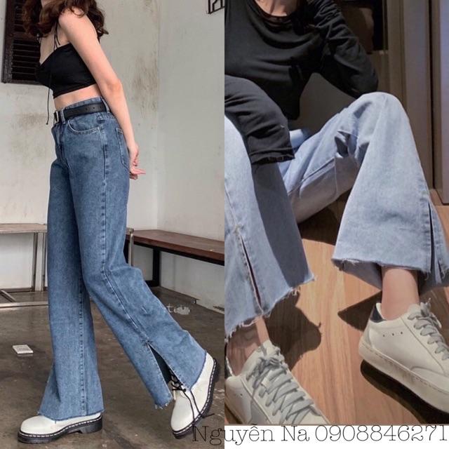 QUẦN JEANS ỐNG RỘNG XẺ Gấu DÁNG DÀI- hình thật chính chủ