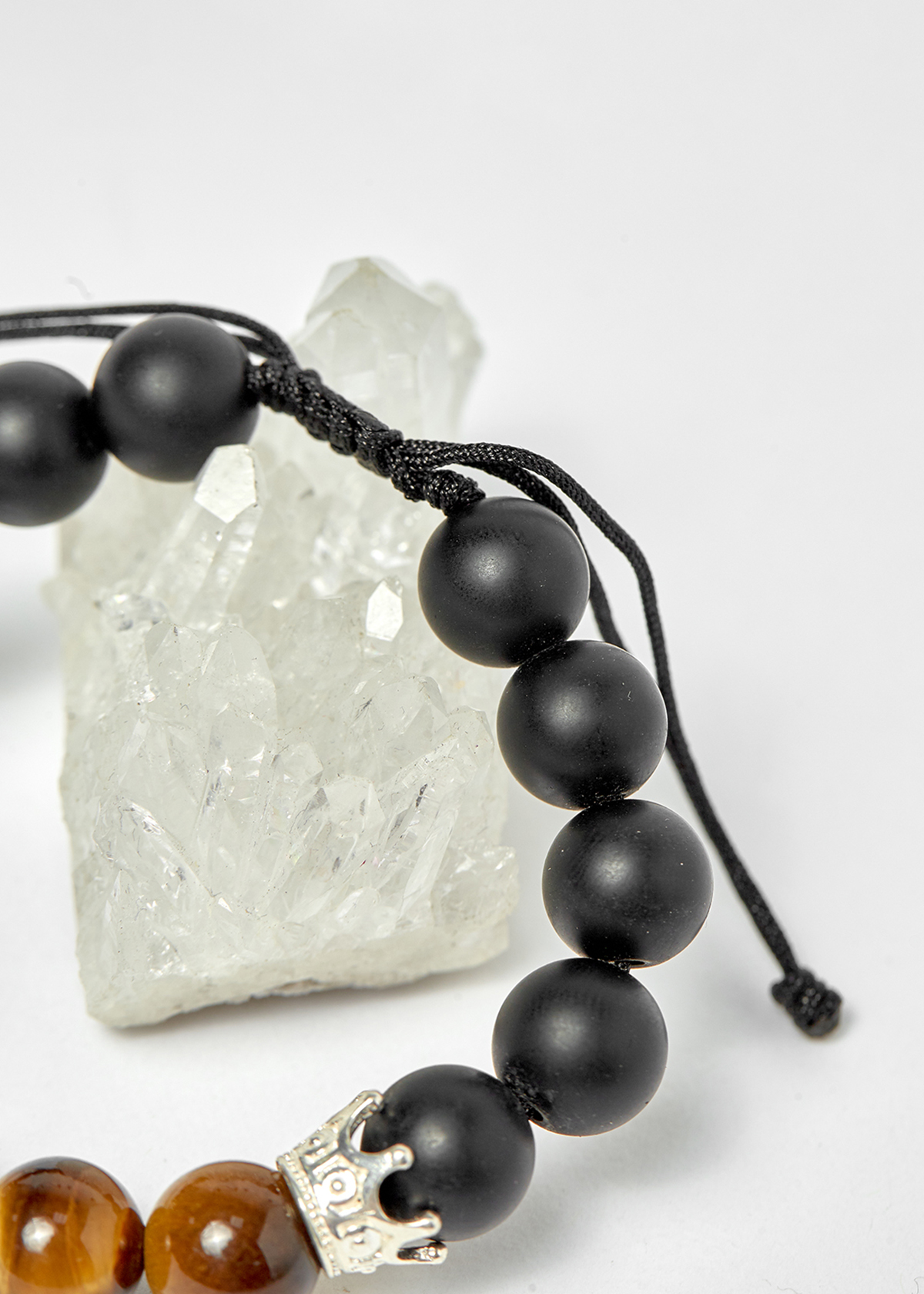 Vòng đá obsidian phối thạch anh mắt hổ vàng nâu và charm vương miệng bạc hạt 10mm - Ngọc Quý Gemstones