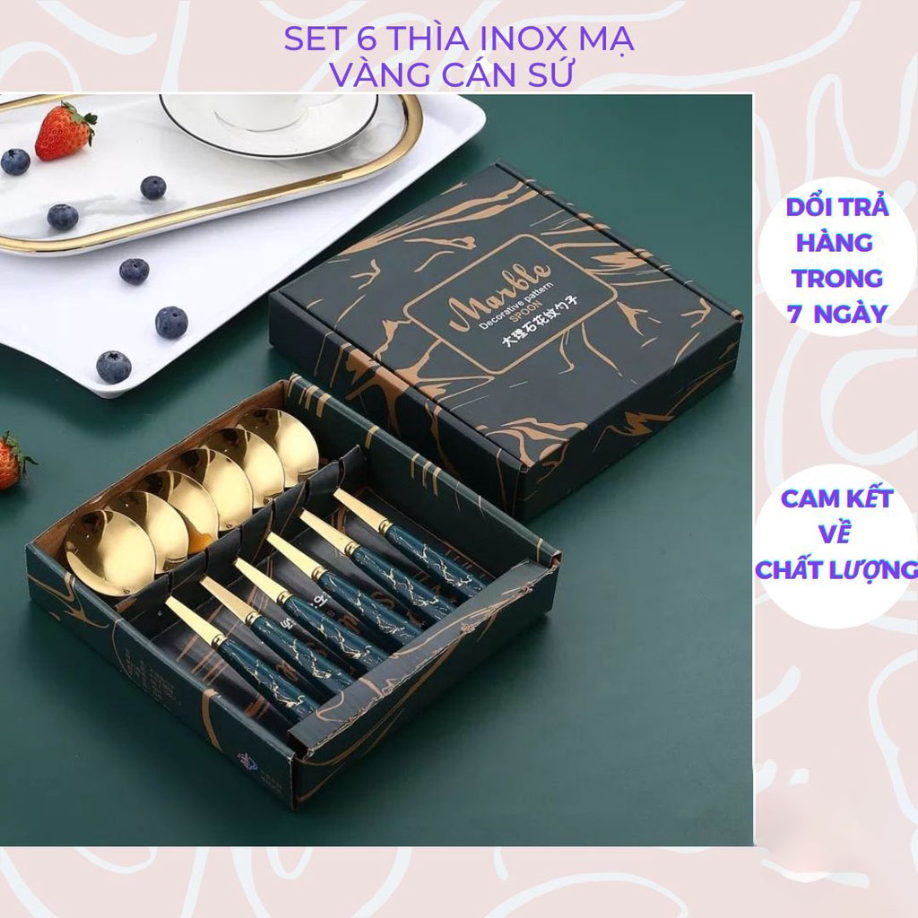 Sét 6 Thìa, Muỗng Thép Không Gỉ Họa Tiết Vân Đá Xanh Mạ Vàng Hộp Cao Cấp Sang Trọng