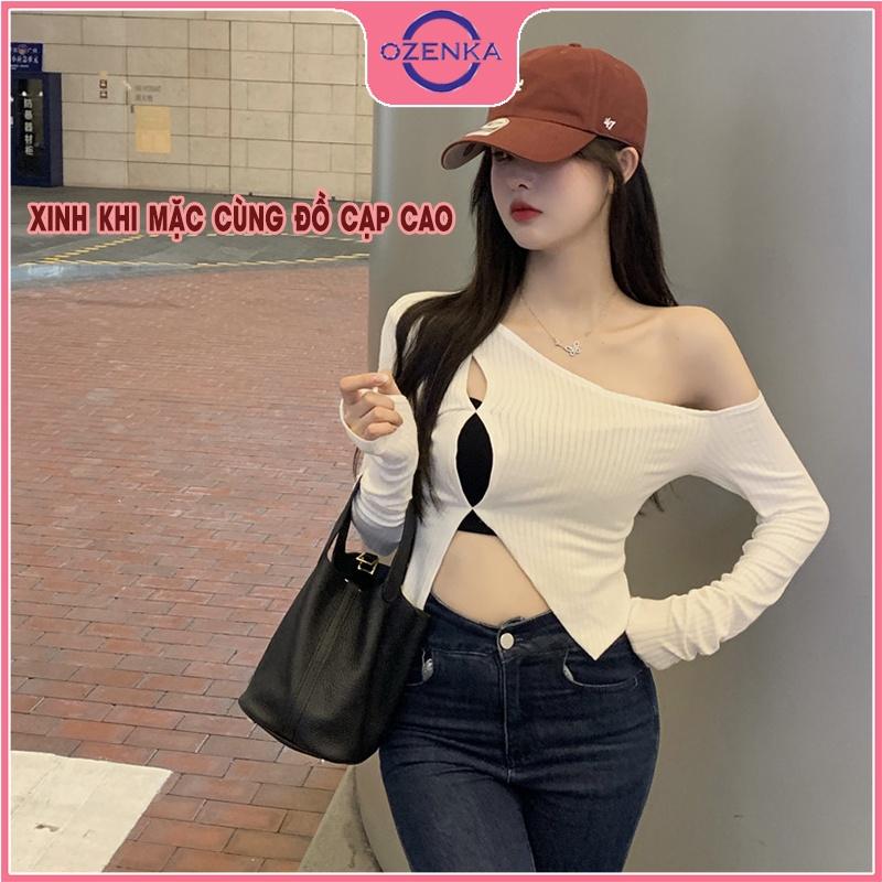 Áo croptop trễ vai tay dài sẻ gấu ôm nữ OZENKA , crt dệt kim nữ len gân 100% cotton đẹp đen trắng