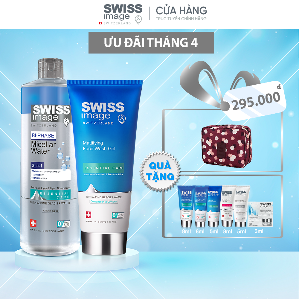 Bộ đôi Skincare Swiss Image nước tẩy trang 3 trong 1 và gel rửa mặt làm sạch ngừa mụn kiểm soát bã nhờn không khô rít cho da dầu mụn