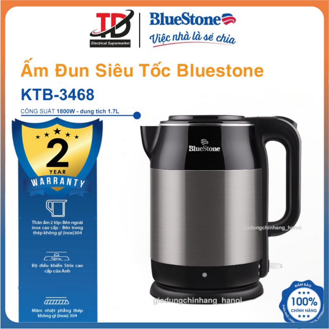 Ấm Đun Siêu Tốc BlueStone KTB-3468, 1.7Lit -1800w, 2 Lớp giữ nhiệt sang trọng, Hàng chính hãng