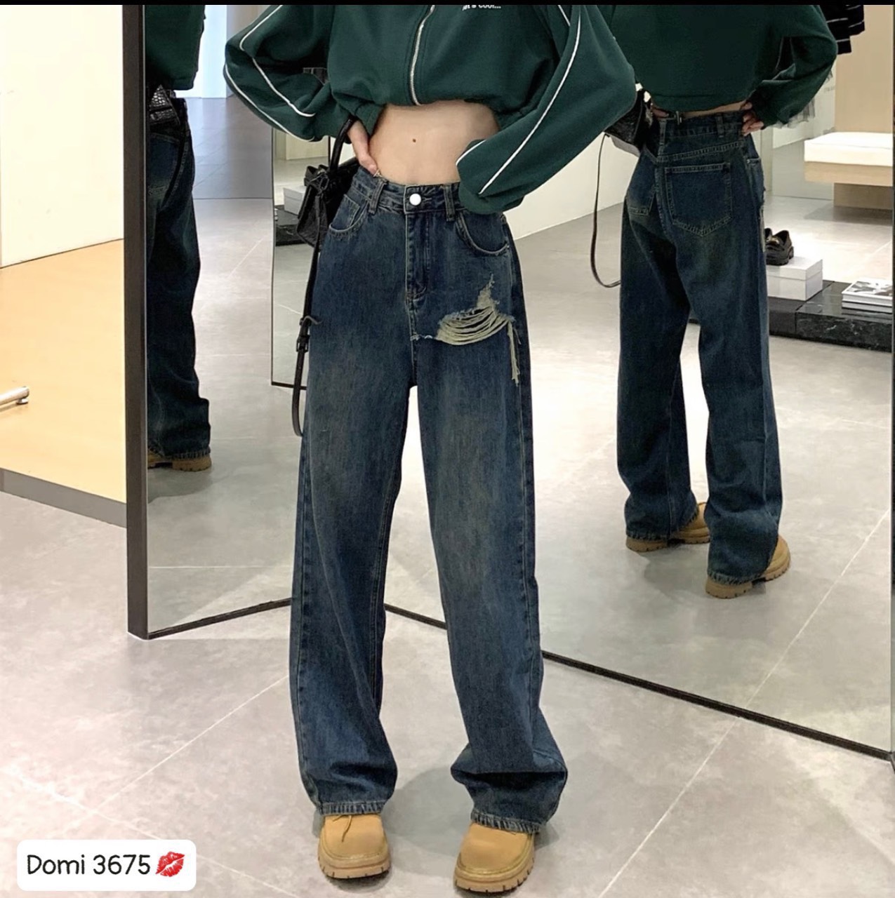 QUẦN JEANS LƯNG CAO ỐNG RỘNG SUÔNG ĐỨNG RÁCH DẠO PHỐ DỰ TIỆC - L &lt;55kg