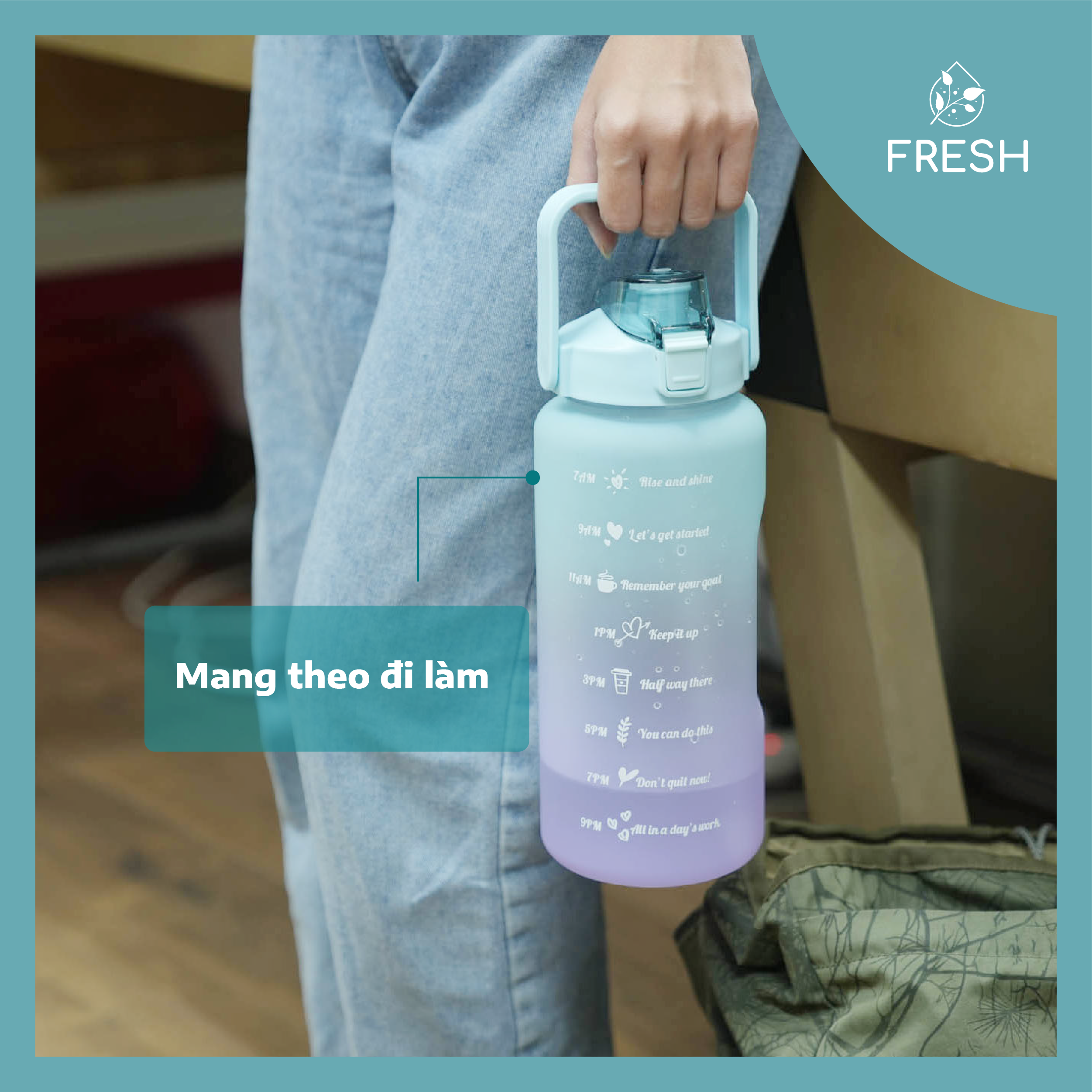 Bình Nước 2 Lít Chia Vạch Nhắc Nhở Giờ Uống Nước Mỗi Ngày TẶNG Kèm Sticker - FRESH