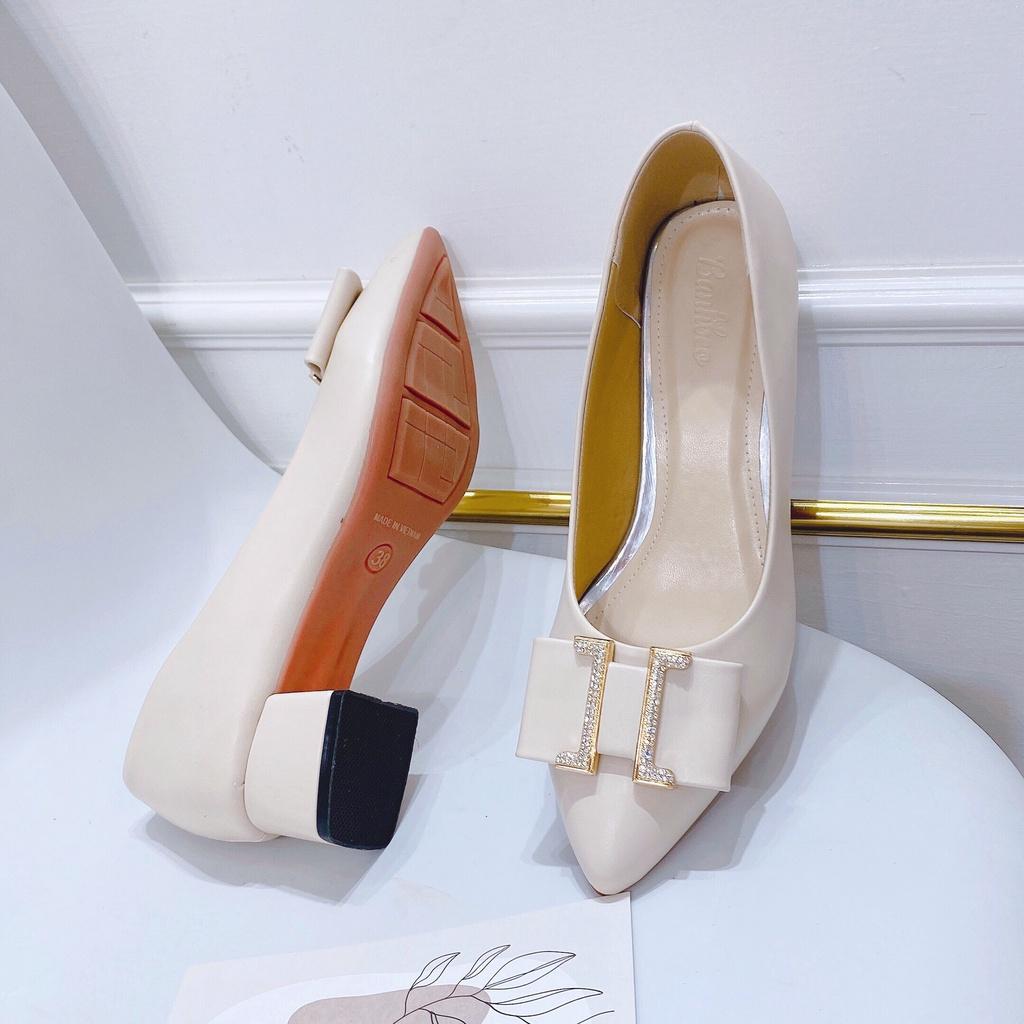 Giày Cao Gót Nữ Mũi Nhọn  gót vuông cao 3p khóa chữ H nữ tính