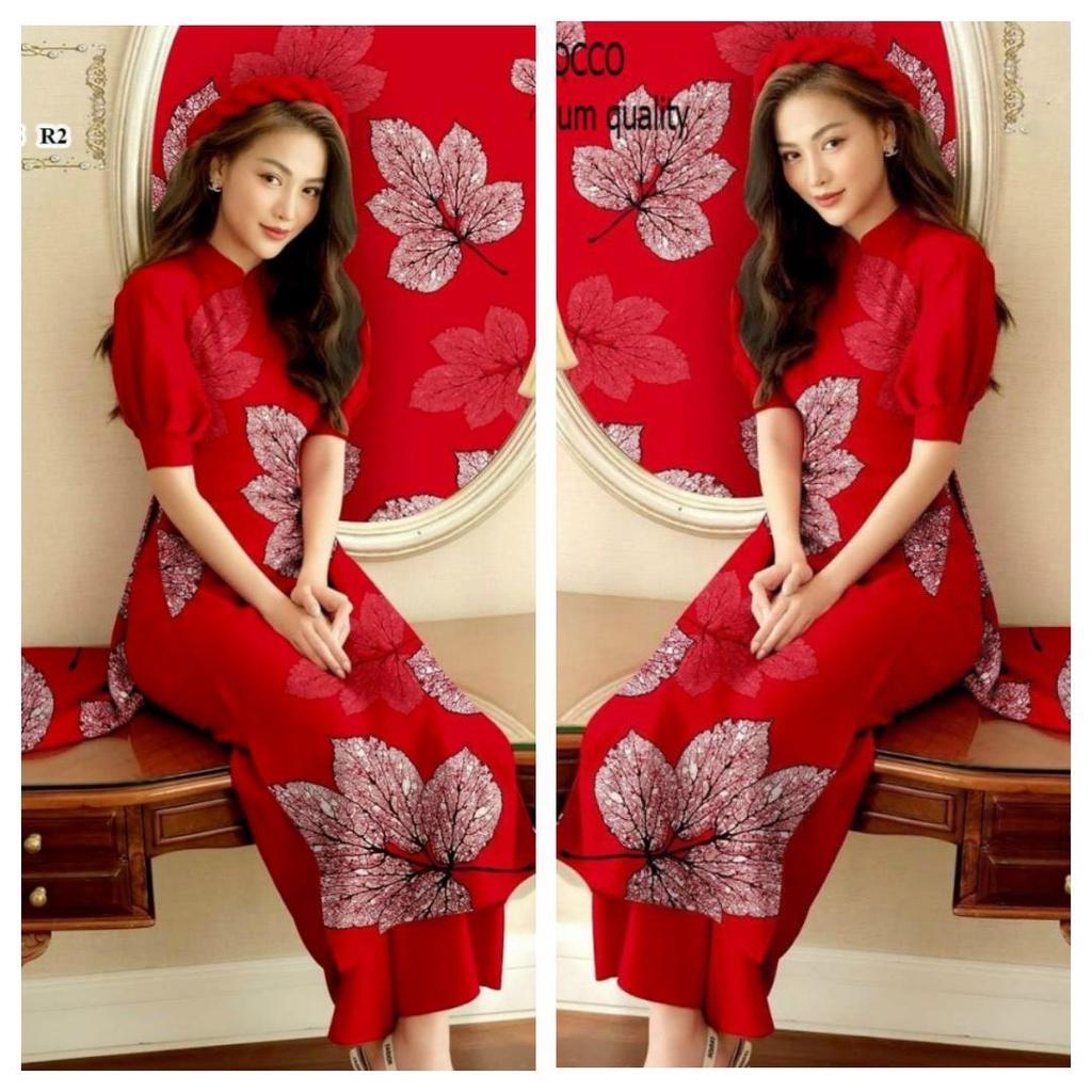 Set Bộ Áo Dài Lụa Họa Tiết Chiếc Lá Hàng Thiết Kế Cực Sang Trọng Quý Phái - BY2118A