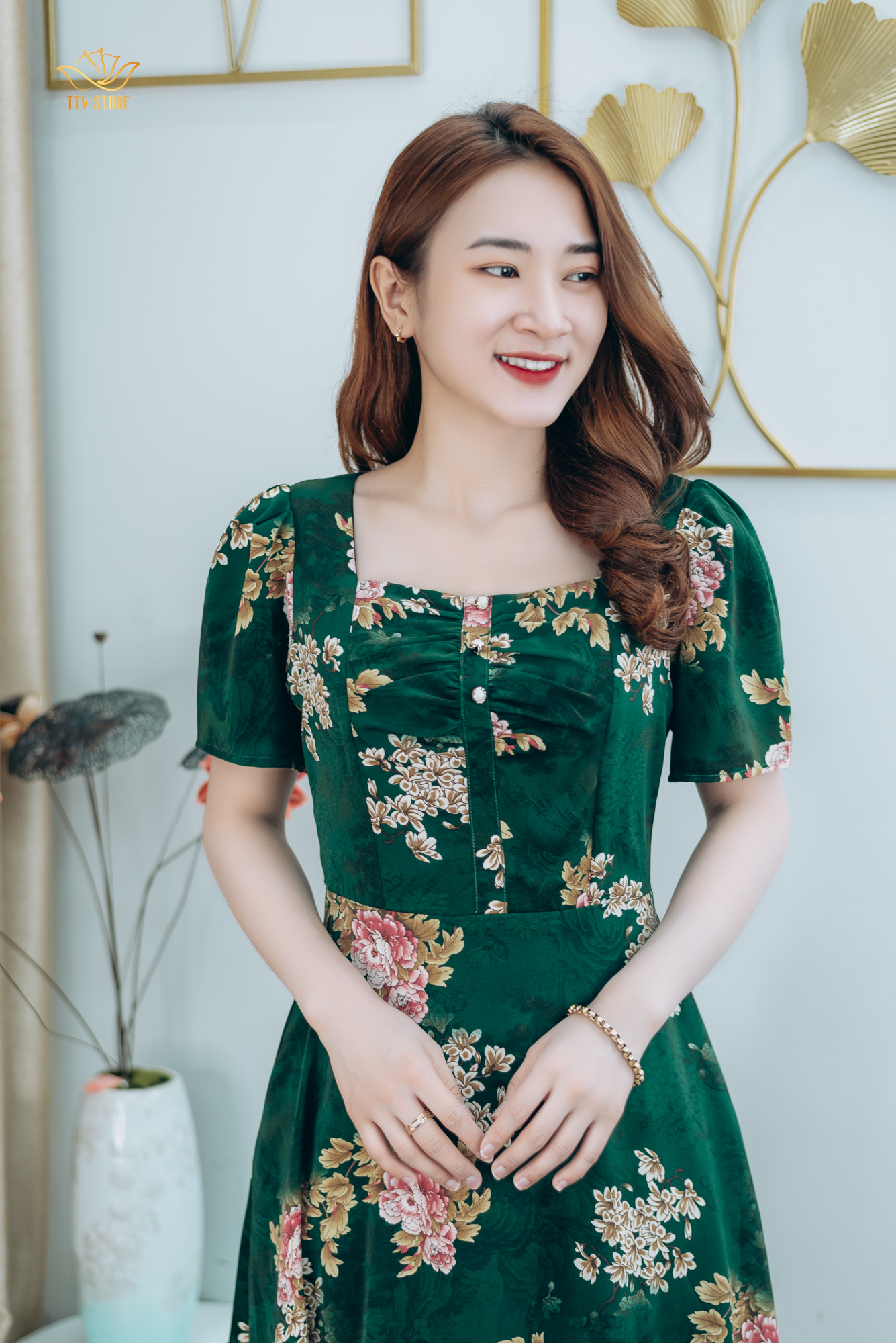 Đầm xòe thiết kế trung niên sang trọng cao cấp Cổ vuông tay ngắn màu Xanh rêu hoa TTV STORE TTV1263