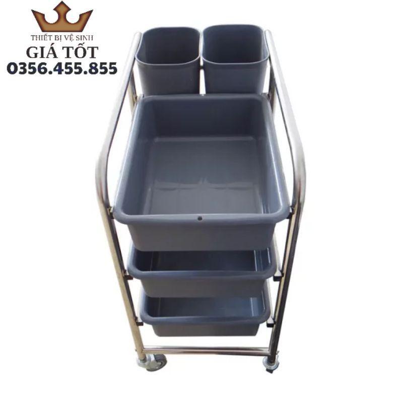 Xe đẩy thu dọn thức ăn,xe thu gom chén đũa inox chân thẳng