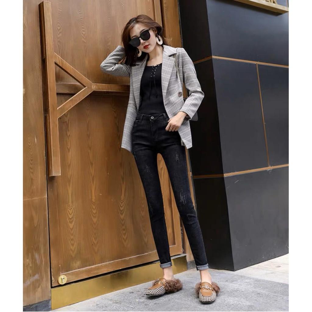 Quần jean dài BIG SIZE muối tiêu đen cào xước lưng cao co dãn mạnh 3196
