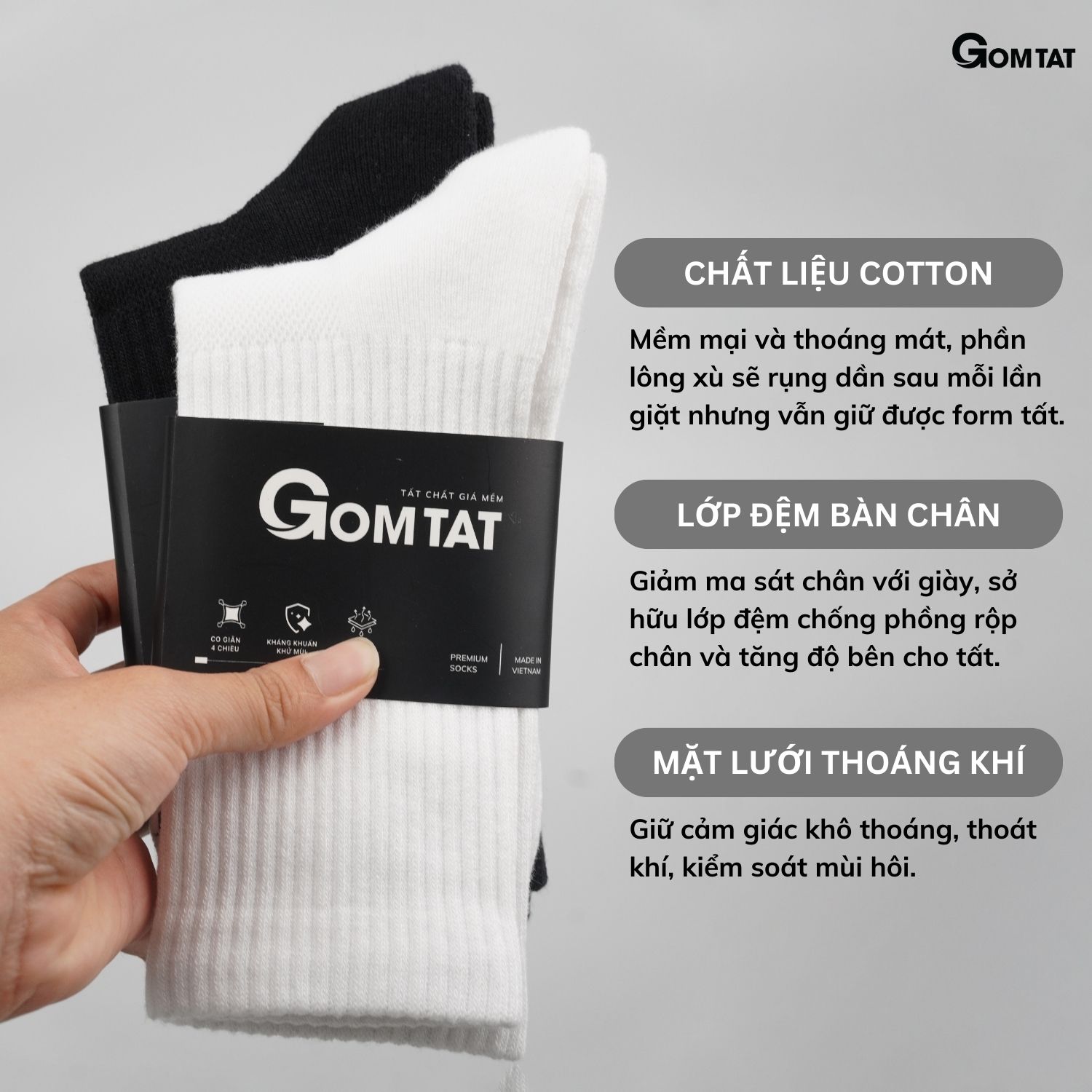 Combo 5 đôi tất nam nữ cổ cao GOMTAT, có đệm xù mềm mại êm chân, chất liệu cotton khử mùi - NGAN-STA-5009-CAO-CB5