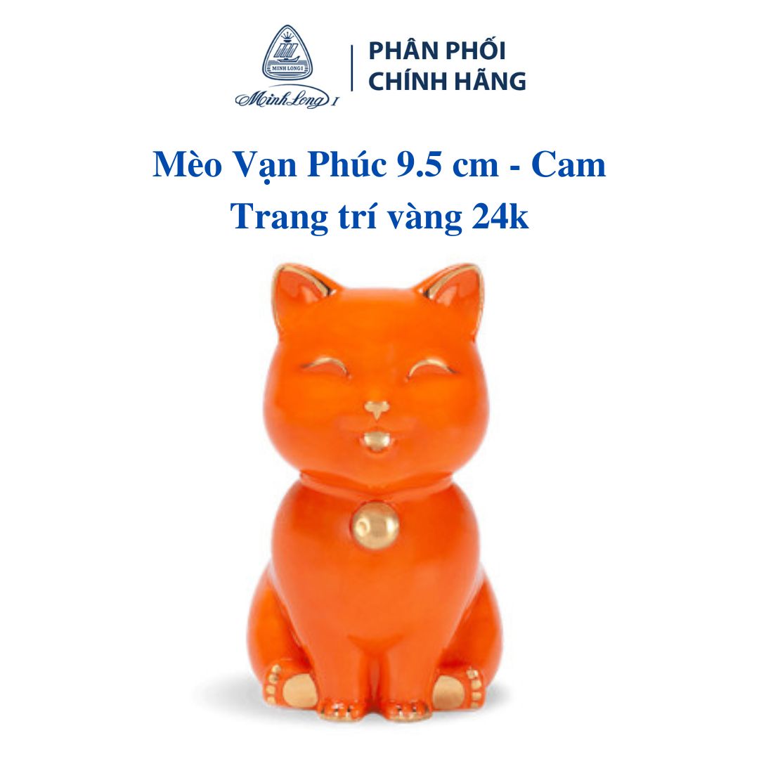 Mèo Vạn Phúc 9.5 cm - Cam - Trang trí vàng - Gốm sứ cao cấp Minh Long