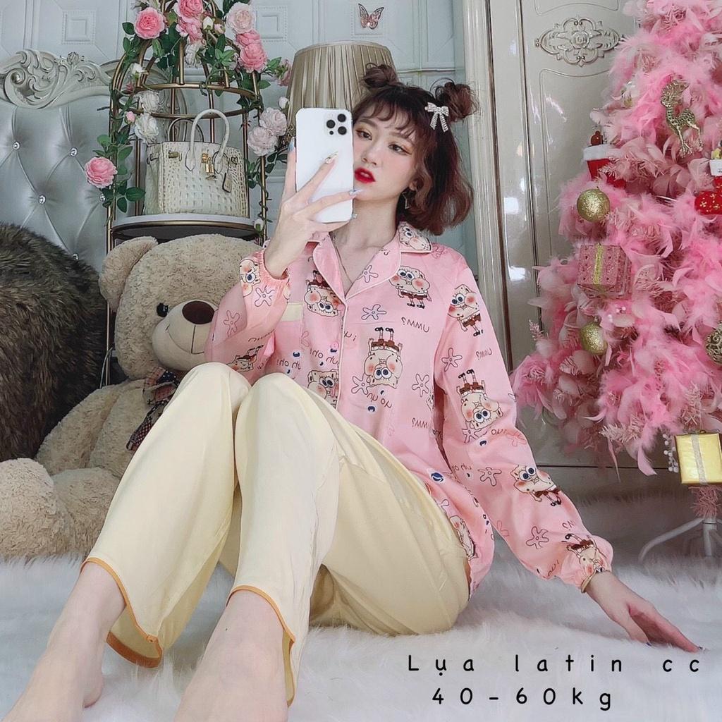 Đồ bộ nữ mặc nhà, đồ ngủ Pijama dễ thương lụa latin tay dài quần dài, Freesize dưới 60kg MYSTORE S24