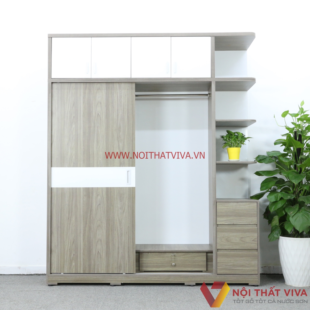 Tủ Quần Áo Kịch Trần Cửa Lùa Gỗ MDF Có Kệ Trang Trí Màu Xám Chỉ Trắng