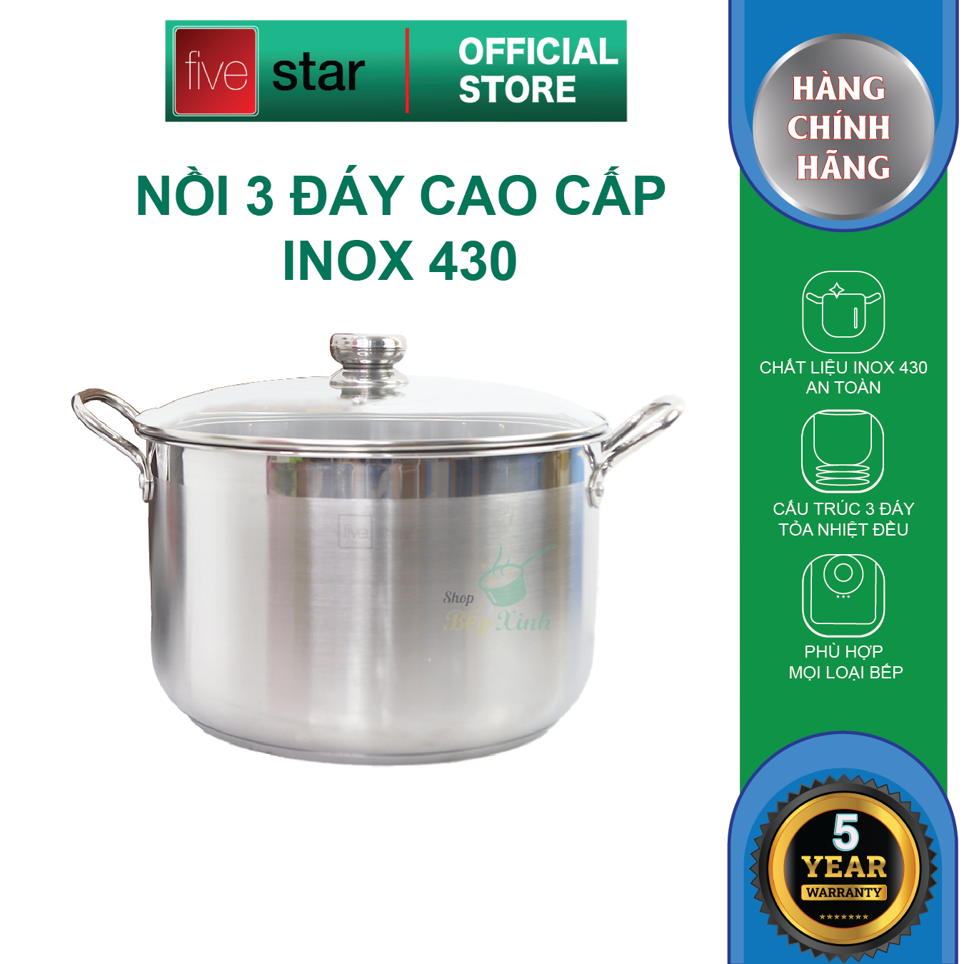 Nồi Luộc Gà Inox 430 Bếp Từ 3 Đáy Nắp Kính Fivestar Tặng 10 Muỗng Ăn 28cm