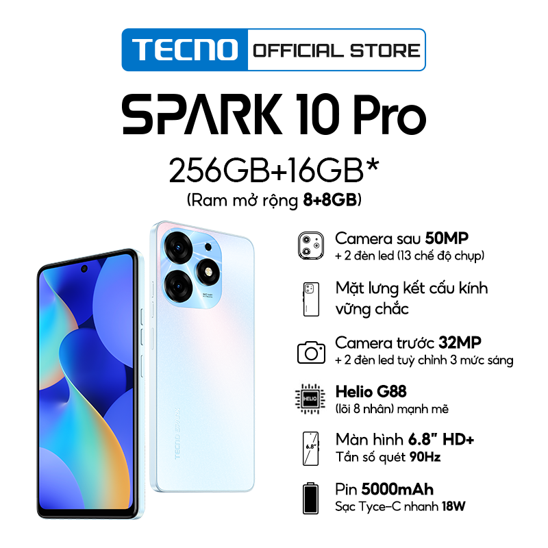 Điện thoại Tecno SPARK 10 Pro 8GB/256GB - Helio G88 | 5000 mAh | Sạc nhanh 18W | Cảm ứng vân tay - Hàng chính hãng