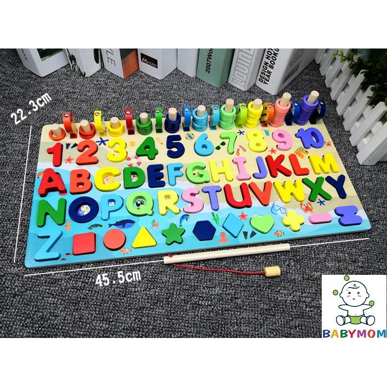 Đồ chơi bằng gỗ màu sắc đáng yêu cho bé bảng học chữ cái, đếm chữ số, 10 bậc thang, thả hình kèm câu cá 5 in 1