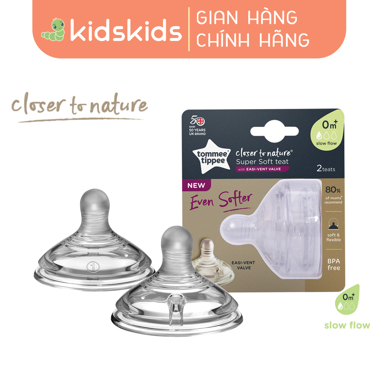 Núm Ty Silicon Siêu Mềm Tự Nhiên Cho Bé Tommee Tippee Natural Start Slow Flow 0-3 Tháng (Vỉ đôi, tách lẻ)