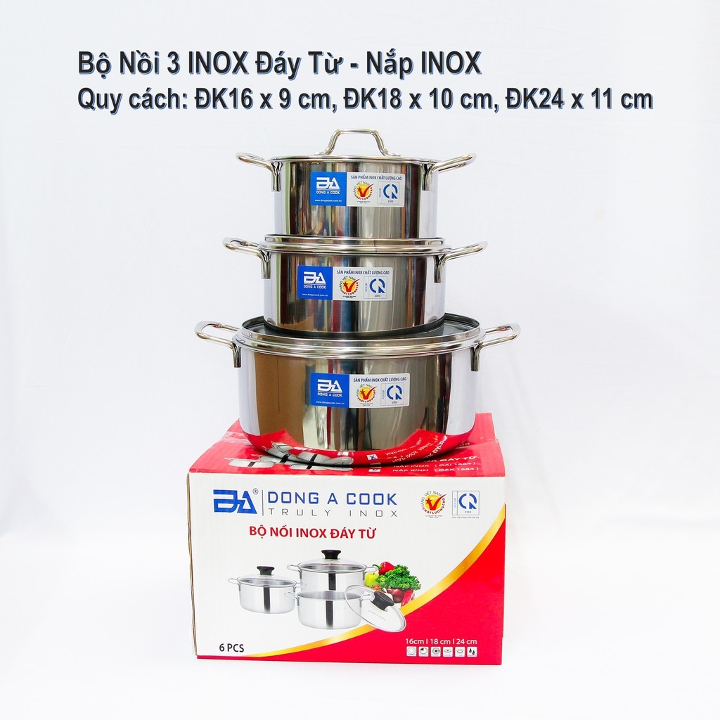 Bộ nồi đáy từ 3 cái đáy từ Đông á gồm 3 size 16cm/18cm/24cm có 2 loại nắp inox và nắp kính -Hàng chính hãng