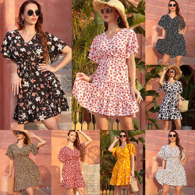 Women Mini Dress A-Line High Waist V Neck Belled Short Sleeves Ruffles Dot/Floral/Leopard Printed Holiday Beach Sundress