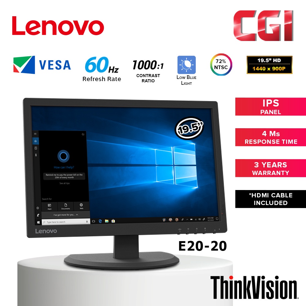 Màn hình máy tính Lenovo ThinkVision E20-20 (62BBKAR1WW) 19.5-inch | 1440x900 | HDMI | VGA | Bảo hành 12 tháng - Hàng chính hãng