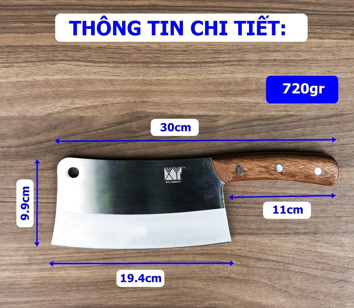 Dao chặt xương lớn DandiHome thép 4Cr13 nặng 890gr cao cấp