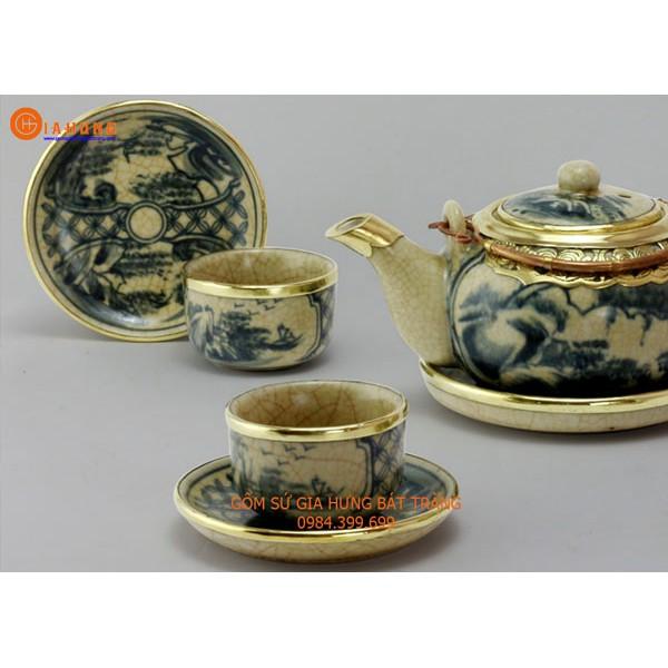 Bộ ấm chén Nhật men rạn bọc đồng gốm sứ Bát Tràng