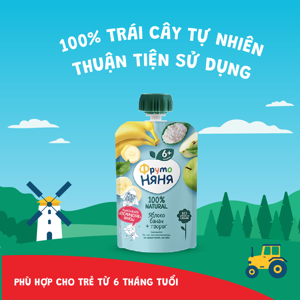 Thùng 12 Gói Trái cây nghiền vị táo, chuối và phomai tươi Fruto Nyanya 90g