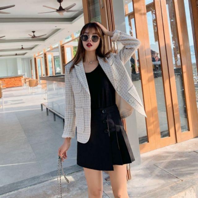 Áo khoác Blazer dạ text dáng ngắn phong cách Hàn Quốc