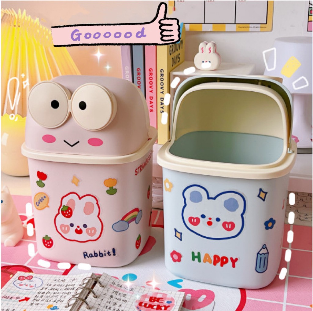 Thùng rác Ếch cute có nắp để bàn cỡ lớn TẶNG STICKER, giỏ nhựa đựng bút đồ dùng học sinh đa năng giá rẻ