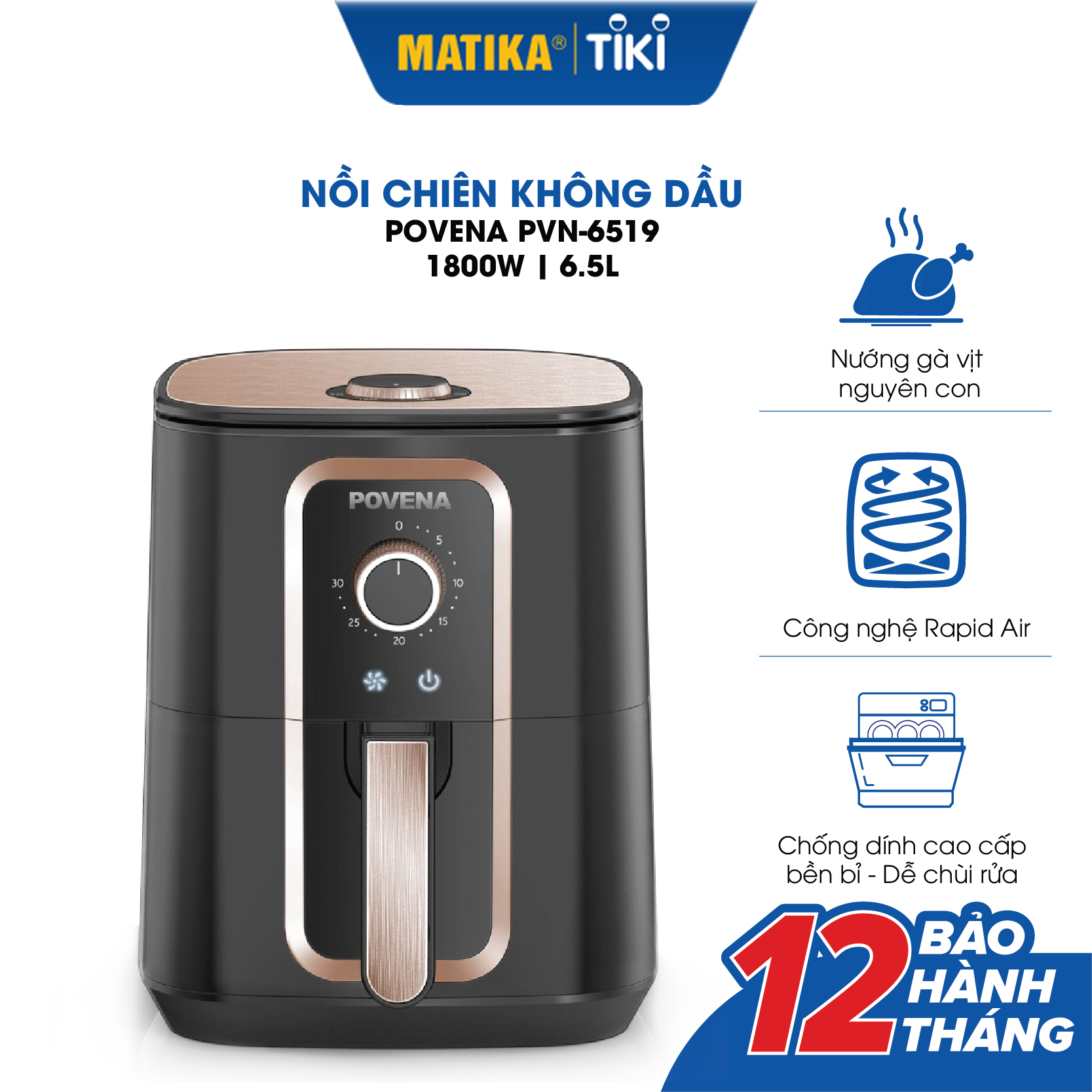 Nồi chiên không dầu POVENA dung tích lớn 6,5L công nghệ chiên cao cấp PVN-6519 - Hàng chính hãng