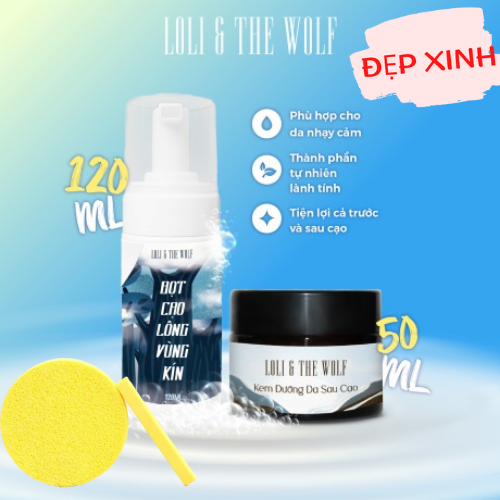 Set Cạo Lông Vùng Kín Loli The Wolf Gồm Bọt Cạo Lông Vùng Kín 120ml + Kem Dưỡng Da Vùng Kín Sau Cạo 50ml, Tặng Kèm Mút Rửa Mặt