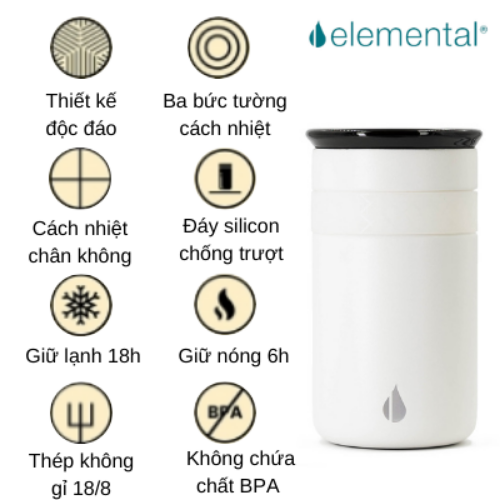 LY GIỮ NHIỆT ELEMENTAL MÀU TRẮNG , ĐẠT CHUẨN FDA HOA KỲ, THÉP 304 KHÔNG GỈ, GIỮ NÓNG LẠNH