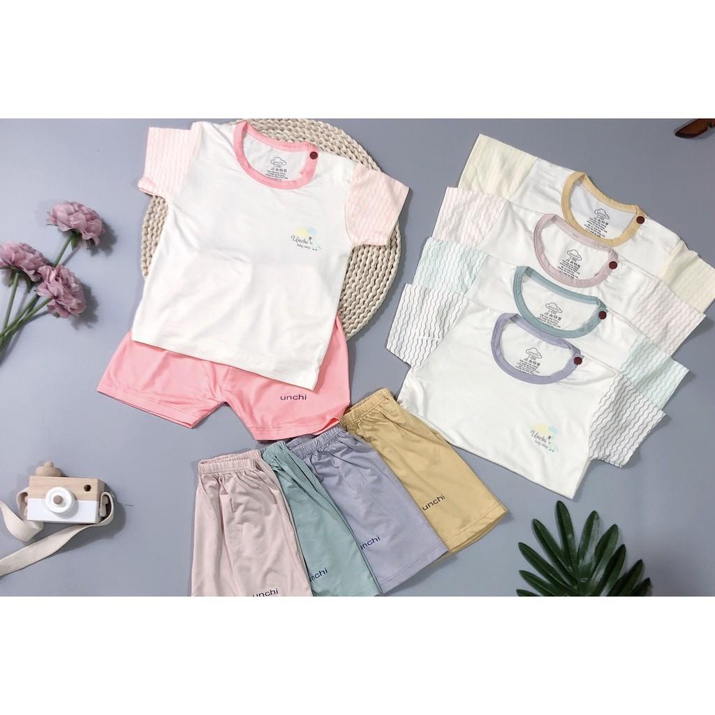 Bộ cộc tay cho bé trai bé gái Unchi thun lạnh petit cao cấp tay phối kẻ mềm mịn rẻ đẹp