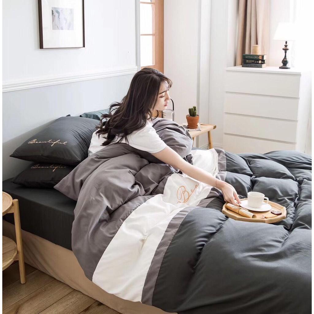 Combo 4 Món Chăn/Mền Ga Gối Cotton Cao Cấp Phối Màu NÂU-GHI