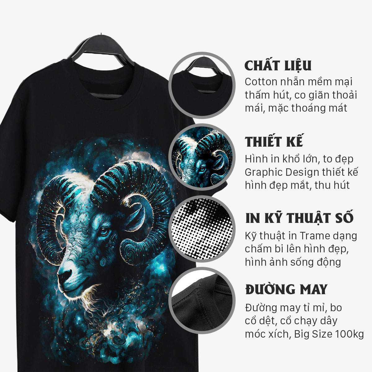 Hình ảnh Áo thun nam cổ tròn tay ngắn TeeSett big size cotton màu đen in hình con dê graphic design